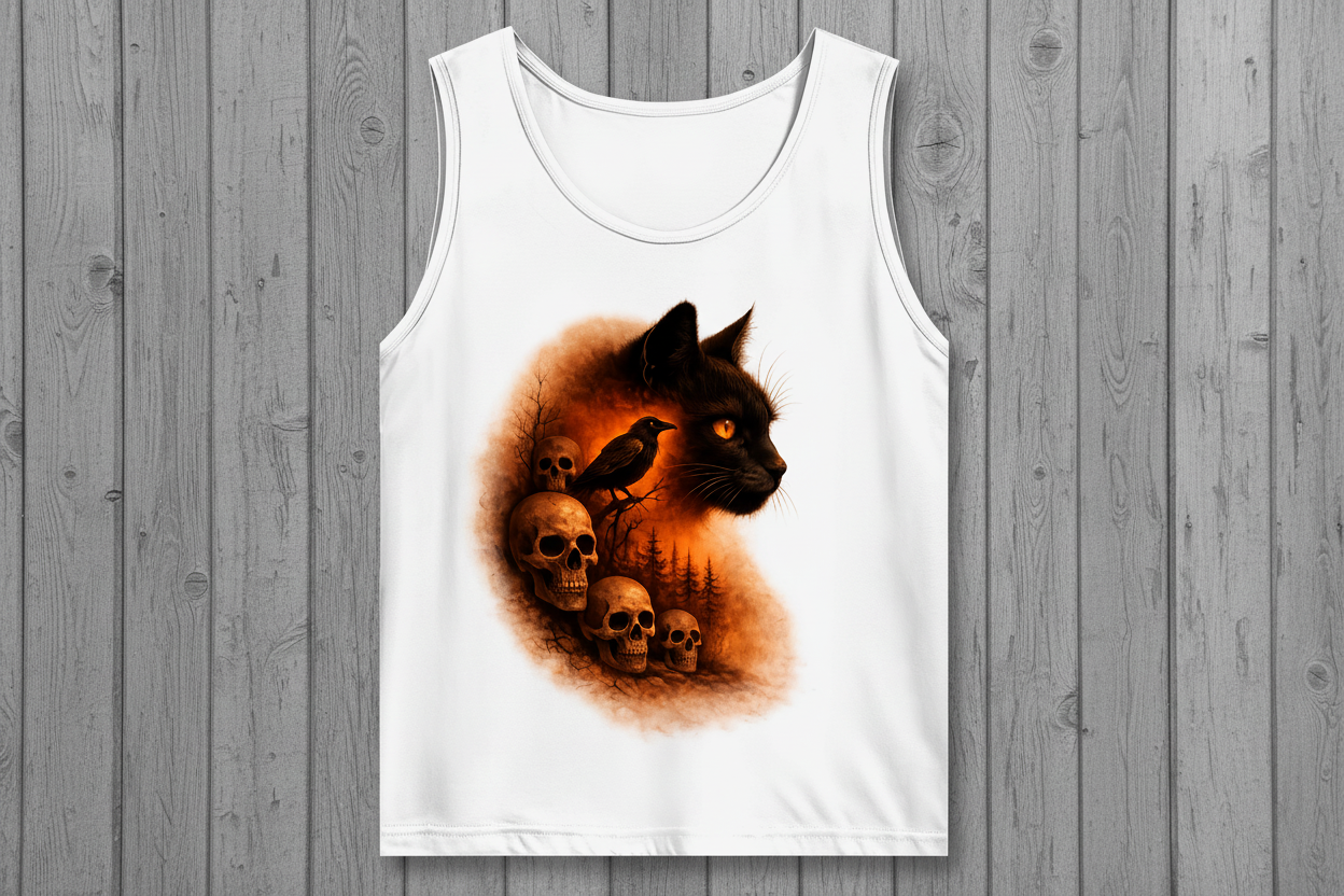 Herren Basic Tank Top Schwarze Katze und Totenschädel orange