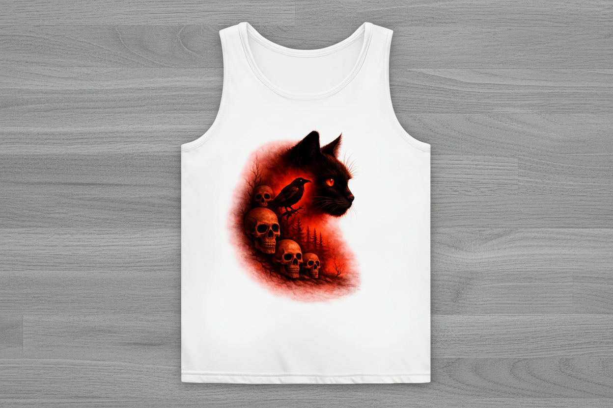 Damen Basic Tank Top Schwarze Katze im Wald mit Totenköpfen rot