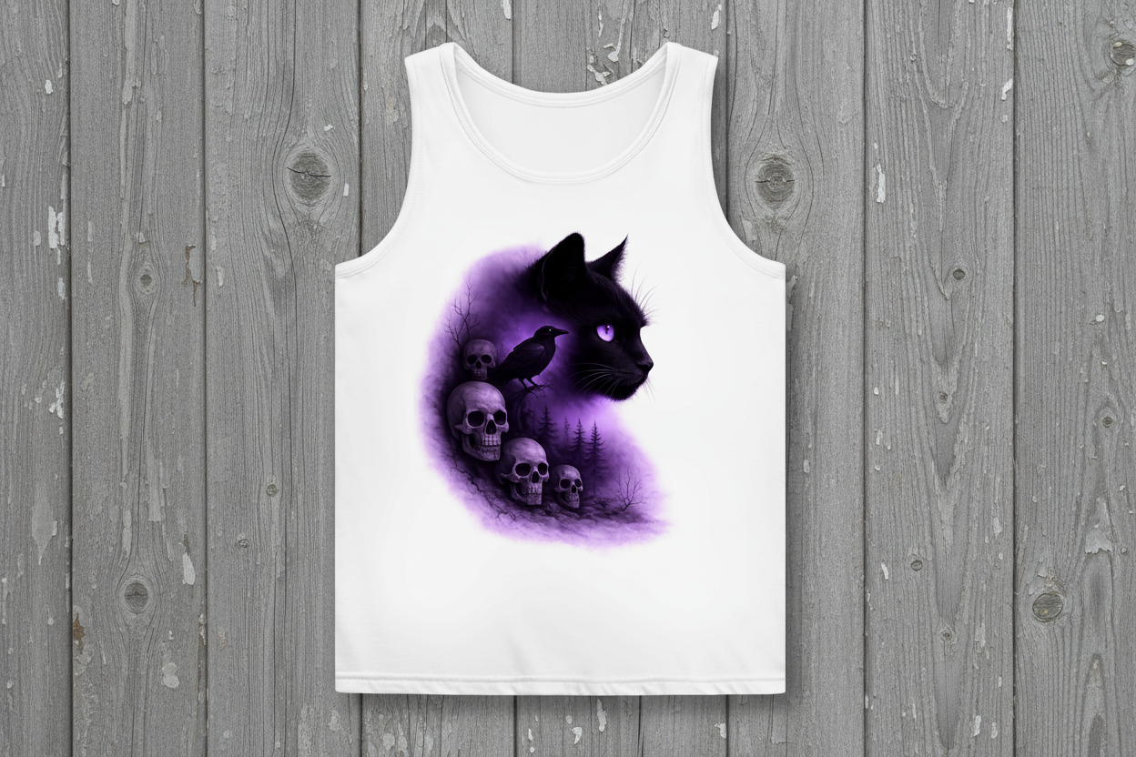 Damen Basic Tank Top Dunkle Fantasie mit Katze und Krähe lila