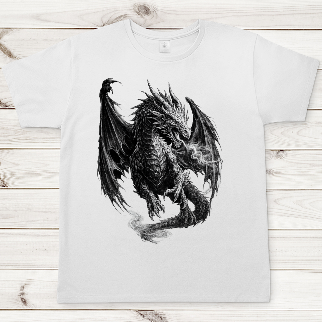 Herren T-Shirt Furchtbarer Drache in Weiß und Schwarz