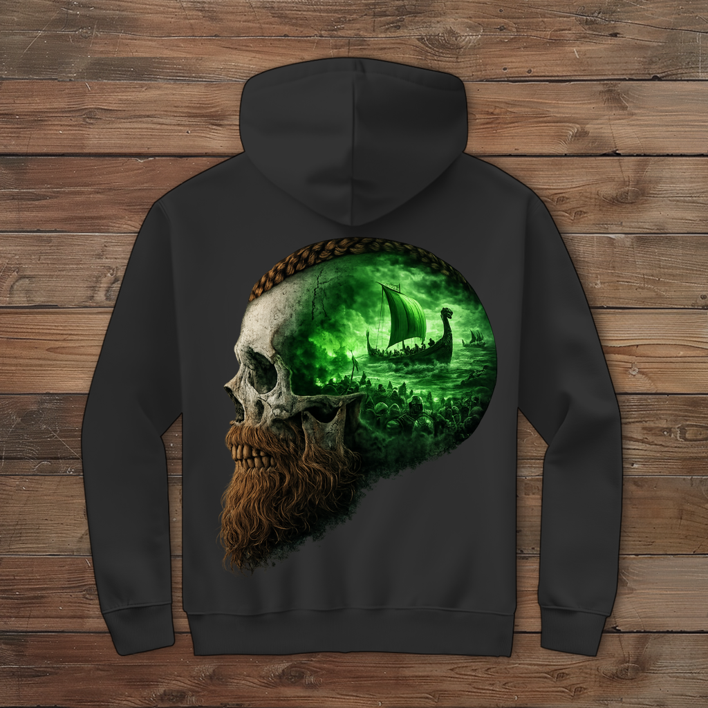 Herren Zipper Hoodie Kopf eines Wikingerkriegers im Sturm grün