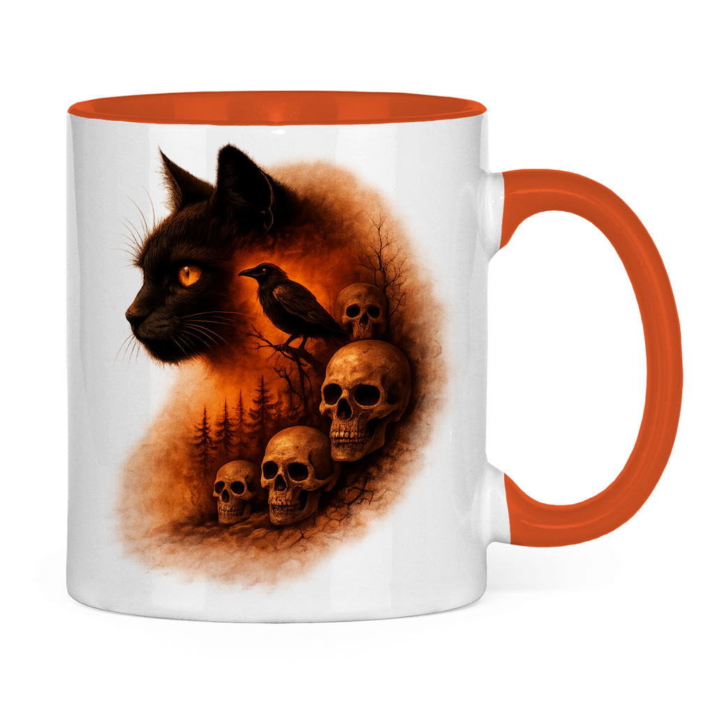 Tasse zweifarbig Schwarze Katze und Totenschädel orange