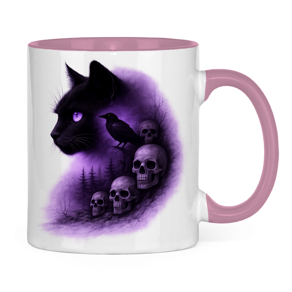 Tasse zweifarbig Dunkle Fantasie mit Katze und Krähe lila