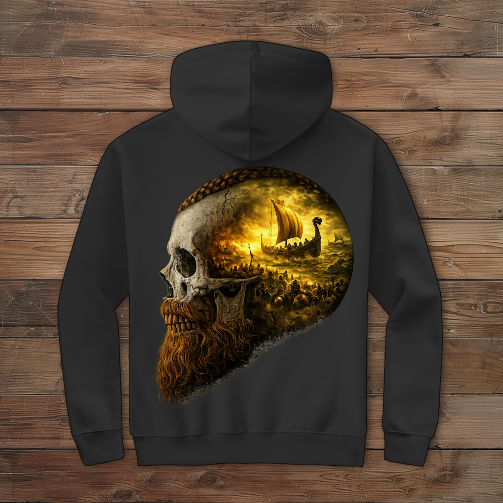 Herren Zipper Hoodie Kopf eines Wikingerkriegers im Sturm gelb