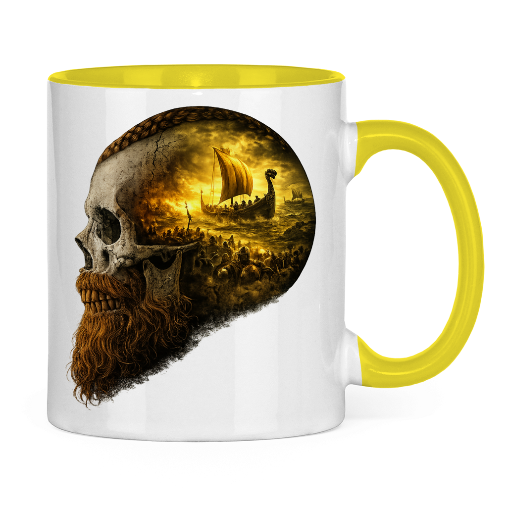 Tasse zweifarbig Kopf eines Wikingerkriegers im Sturm gelb