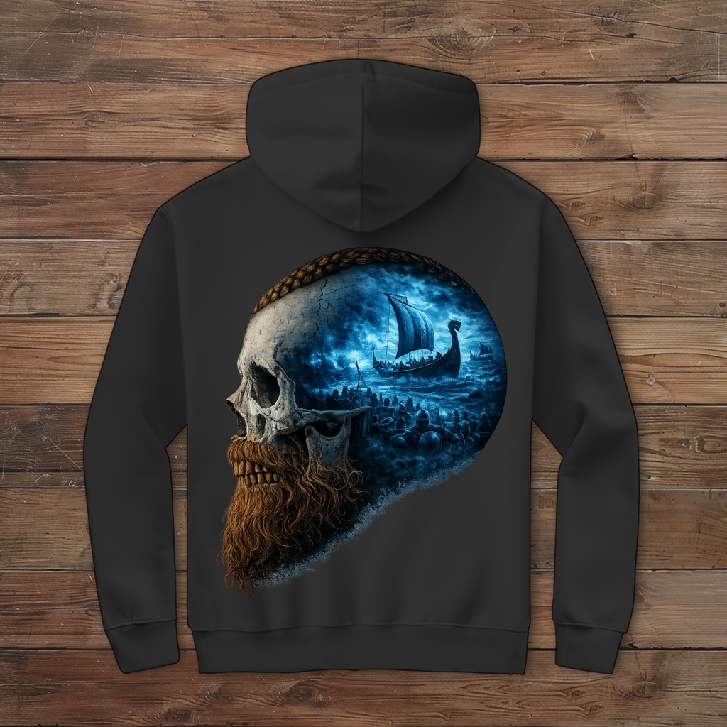 Herren Zipper Hoodie Kopf eines Wikingerkriegers im Sturm blau