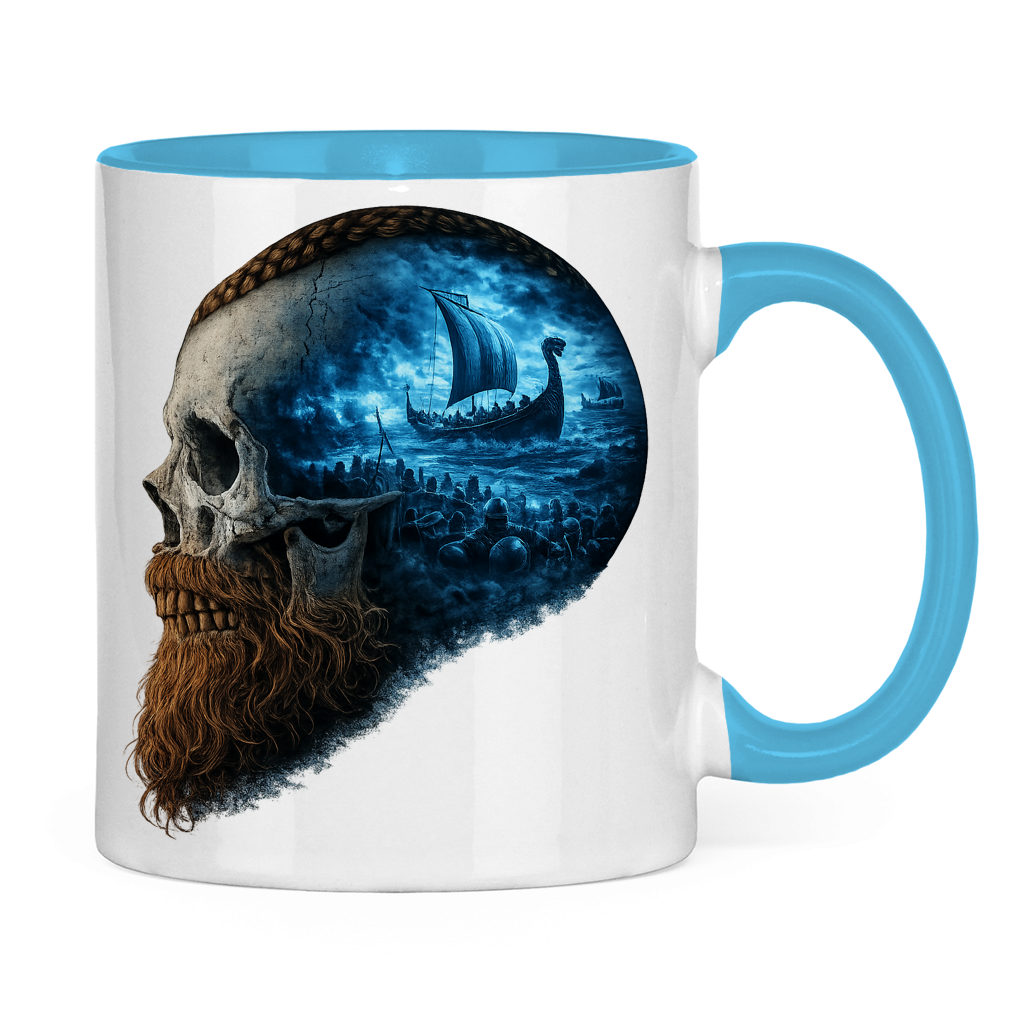 Tasse zweifarbig Kopf eines Wikingerkriegers im Sturm blau