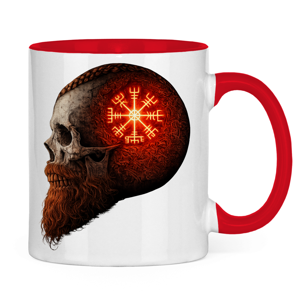 Tasse zweifarbig Skull mit Vegvisir und Runen rot
