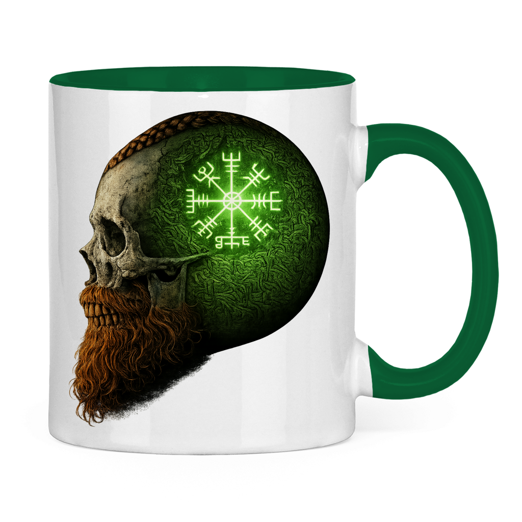 Tasse zweifarbig Skull mit Vegvisir und Runen grün
