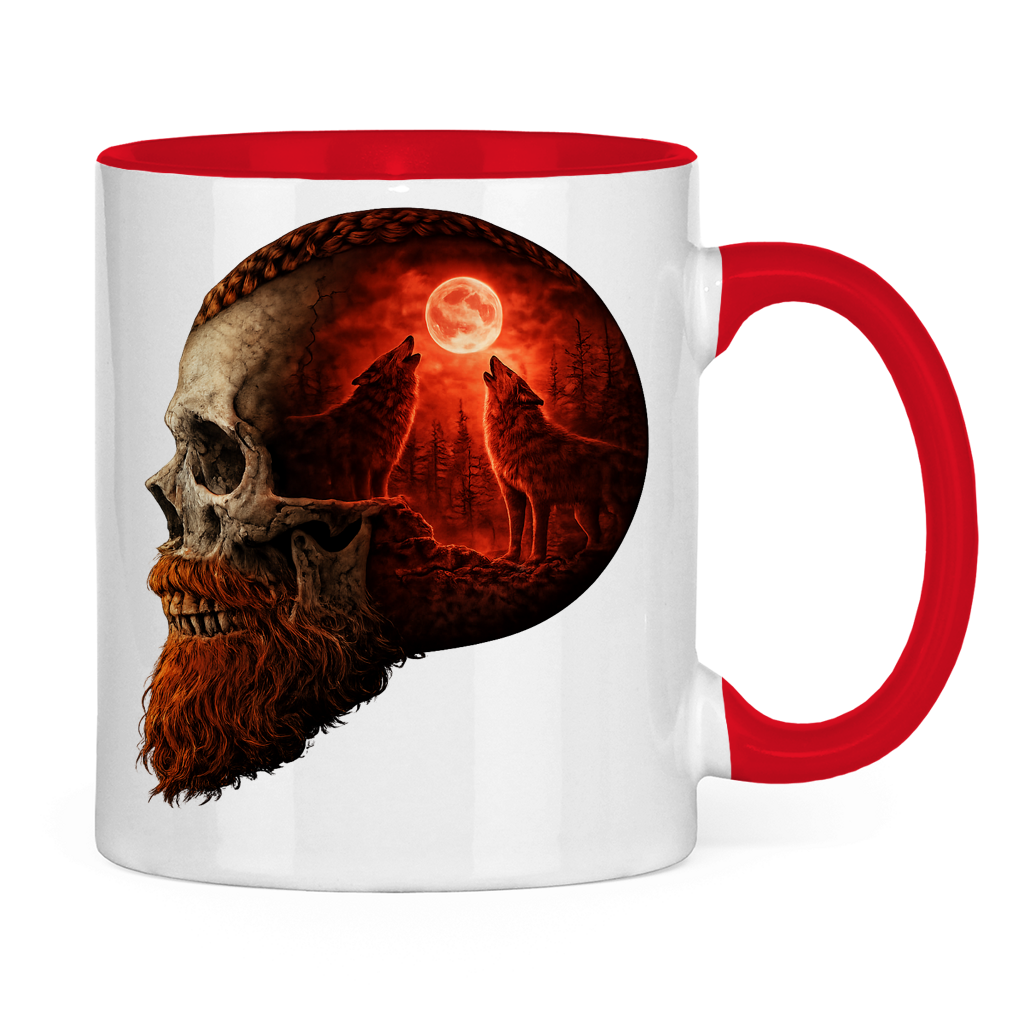Tasse zweifarbig Schädel und Wolfsheulerei im Mondlicht rot