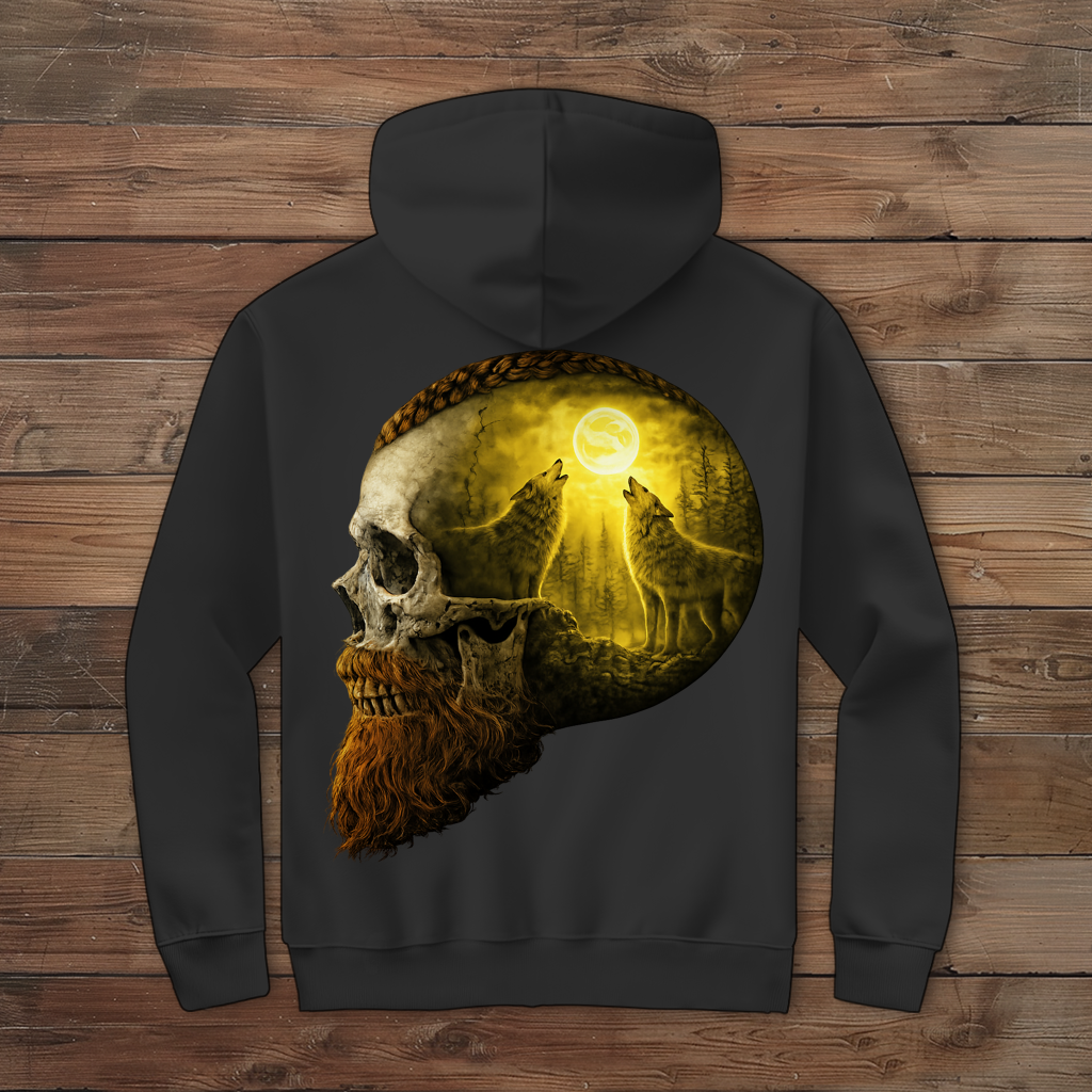 Herren Zipper Hoodie Schädel und Wolfsheulerei im Mondlicht gelb