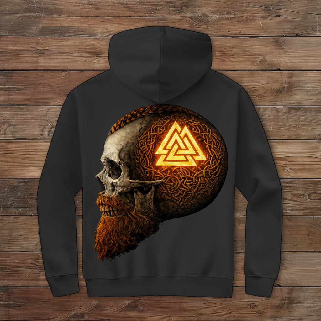 Herren Zipper Hoodie Leuchtendes Valknut auf alterm Schädel