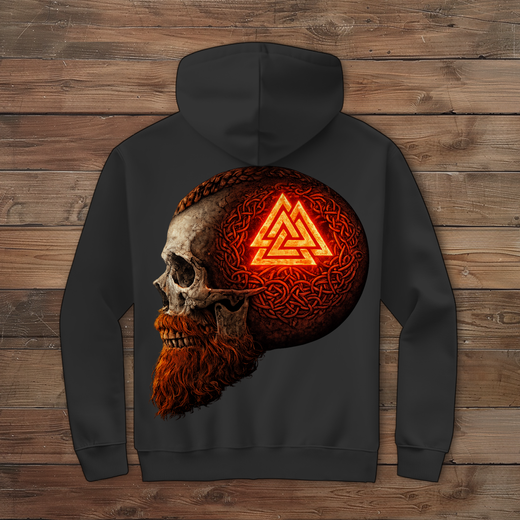 Herren Zipper Hoodie Leuchtendes Valknut auf alterm Schädel rot