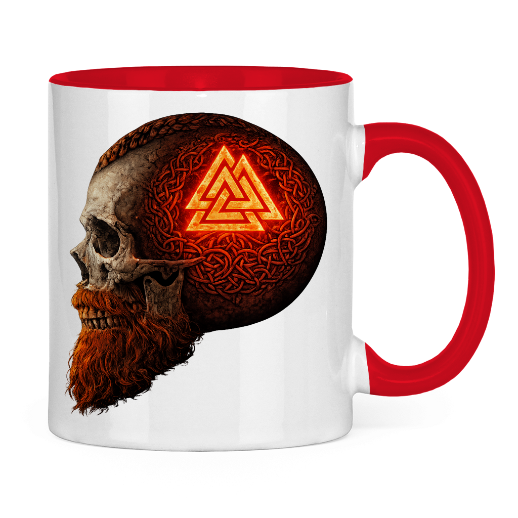 Tasse zweifarbig Leuchtendes Valknut auf alterm Schädel rot
