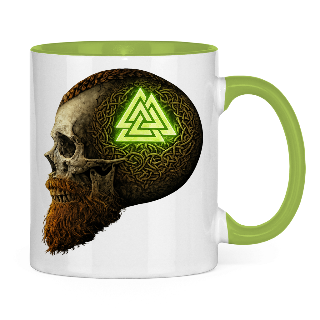 Tasse zweifarbig Leuchtendes Valknut auf alterm Schädel grün