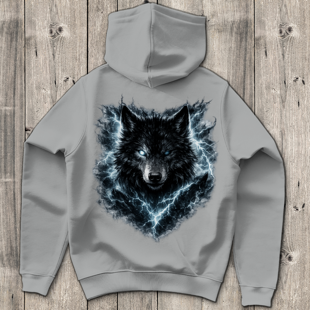 Herren Hoodie Finsterer Wolf im Blitzsturm