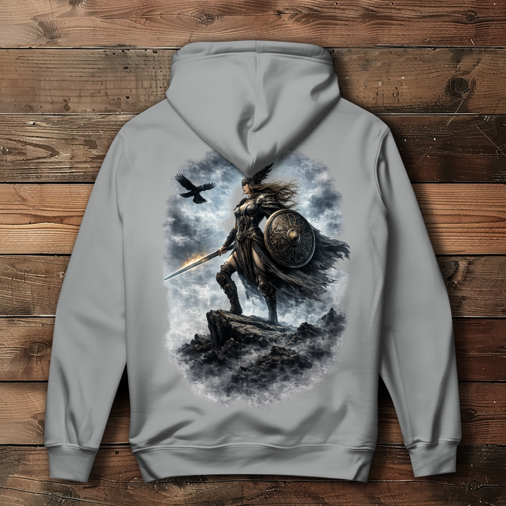 Damen Hoodie Nordische Kriegerin auf steinigem Gipfel