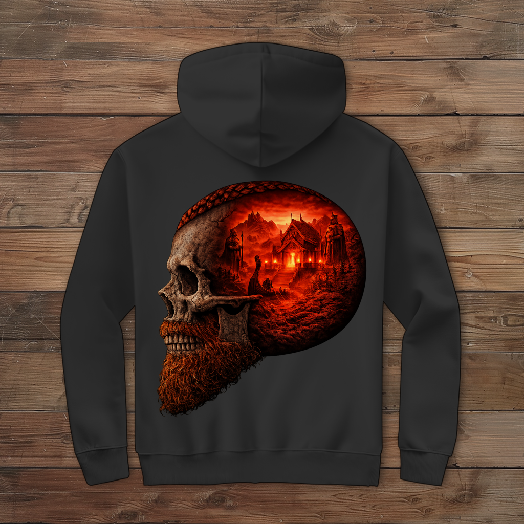 Herren Zipper Hoodie Norse-Landschaft im Schädelfreien Raum rot