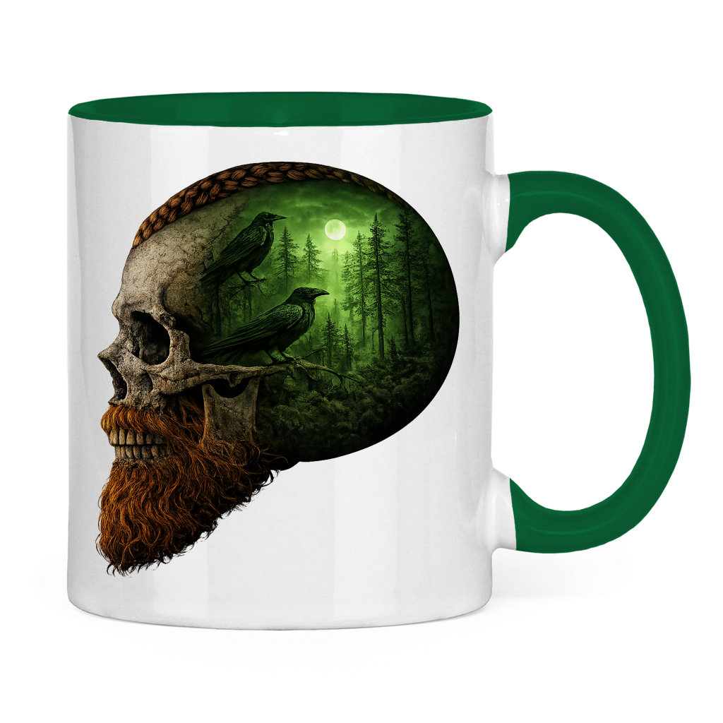 Tasse zweifarbig Schädel im Nebelwald grün