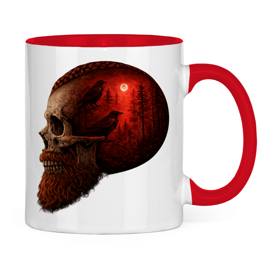 Tasse zweifarbig Schädel im Nebelwald rot