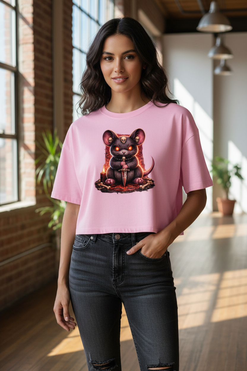 Damen Oversize Crop Top Dämonische Maus im blutigen Pentagramm
