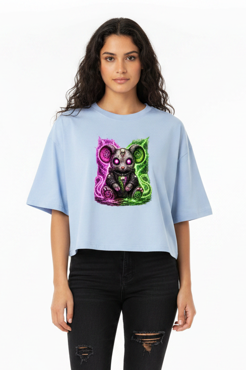 Damen Oversize Crop Top Dämonische Maus mit leuchtendem Pentagramm
