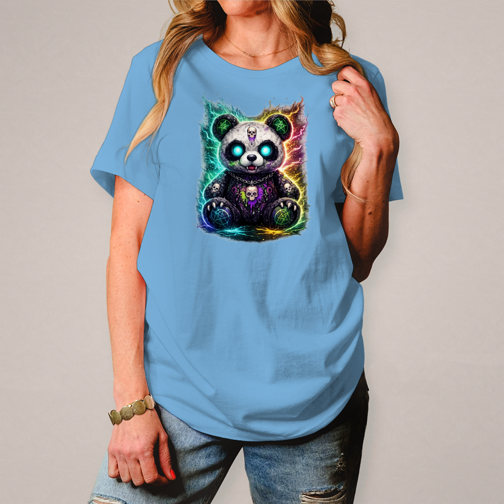 Damen T-Shirt Dämonischer Panda mit leuchtenden Pentagrammen