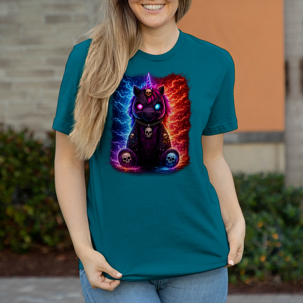 Damen T-Shirt Dämonisches Einhorn mit leuchtenden Mustern