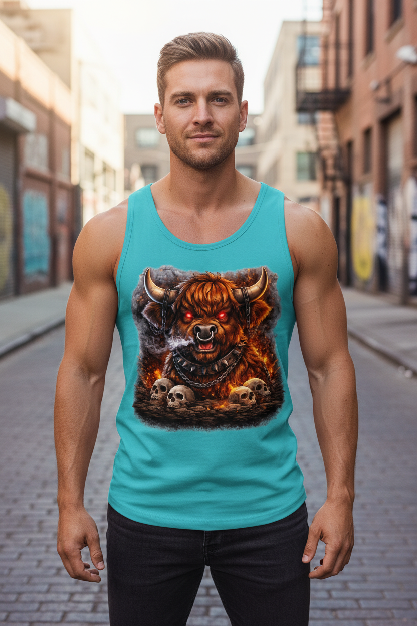 Herren Basic Tank Top Höllischer Highland-bulle im Flammenmeer