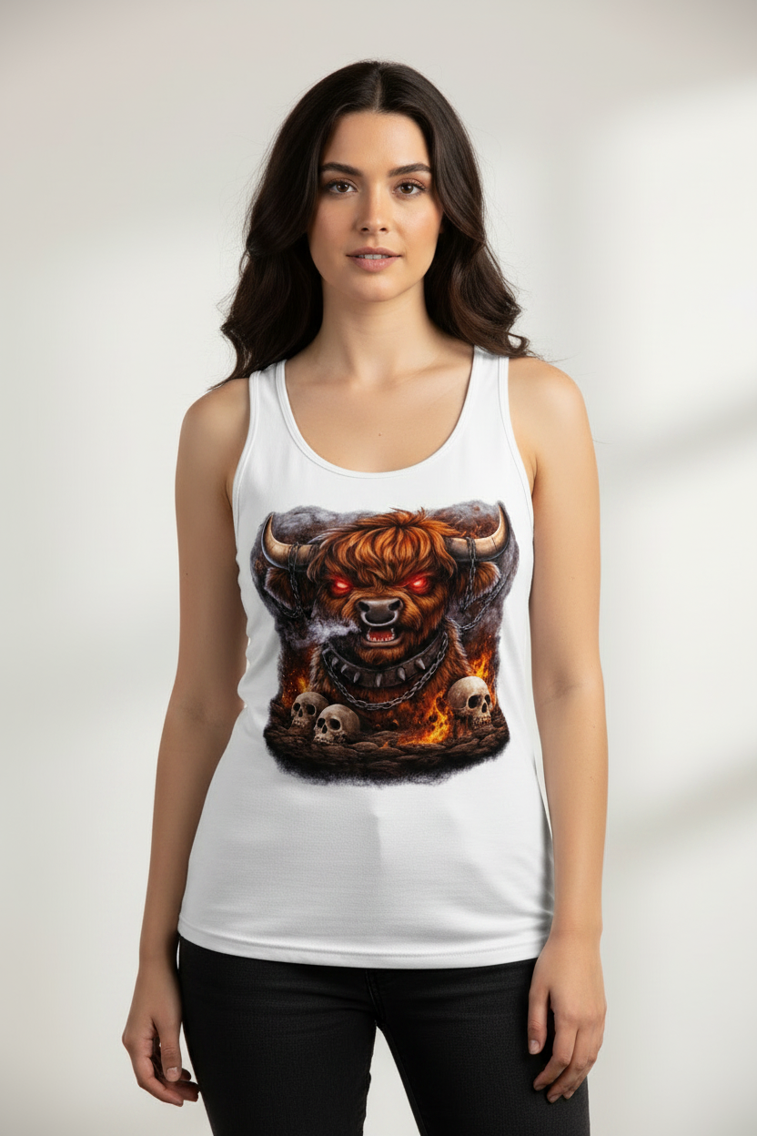 Damen Basic Tank Top Höllischer Highland-bulle im Flammenmeer