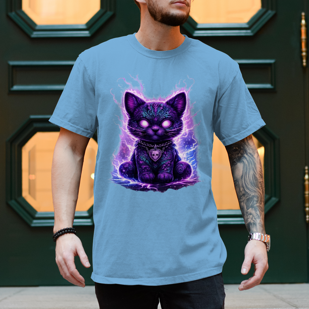 Herren T-Shirt Magische schwarze Katze mit elektrischer Aura