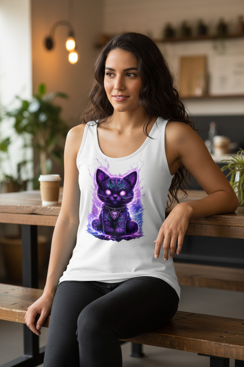 Damen Basic Tank Top Magische schwarze Katze mit elektrischer Aura