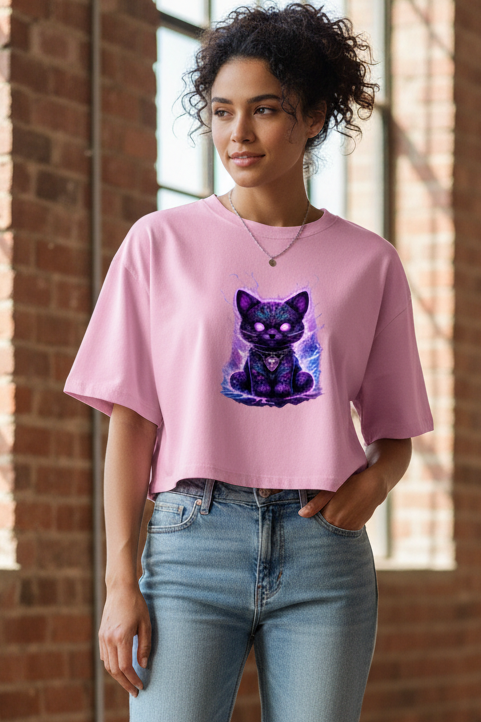 Damen Oversize Crop Top Magische schwarze Katze mit elektrischer Aura