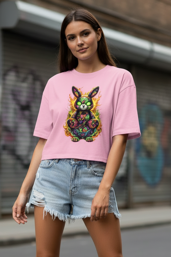 Damen Oversize Crop Top Neon-demon bunny of fiery chaos