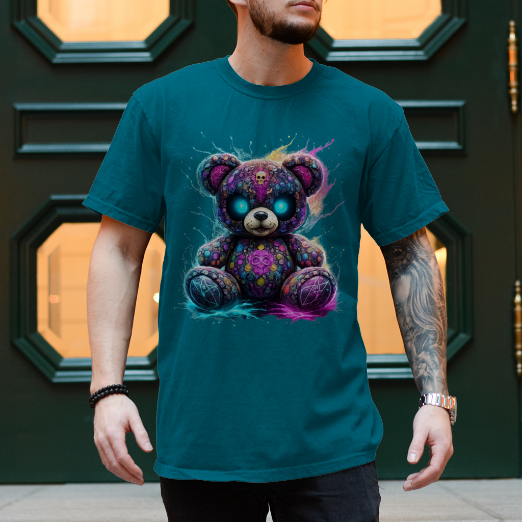 Herren T-Shirt Psychedelischer, elektrischer Teufels-Teddybär