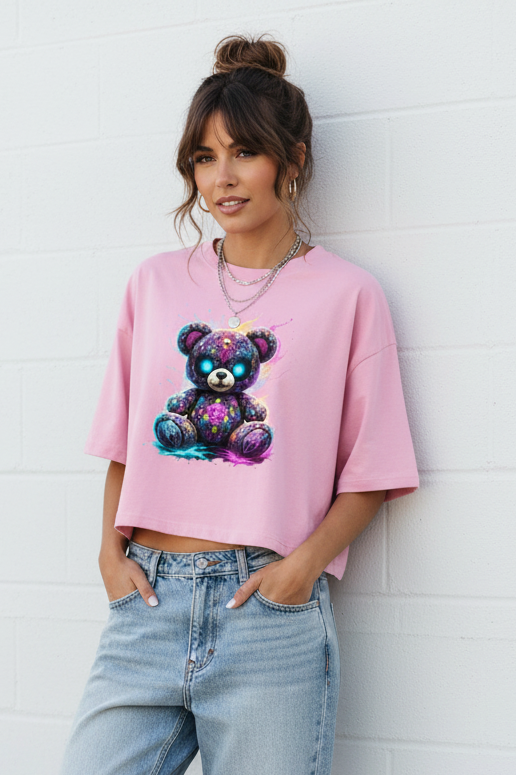 Damen Oversize Crop Top Psychedelischer, elektrischer Teufels-Teddybär