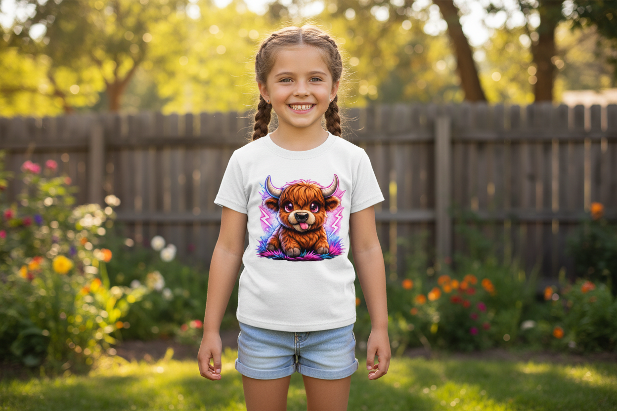Kinder Basic T-Shirt Verspielte Hochlandrinder mit leuchtenden Hörnern