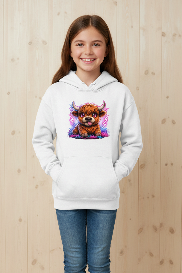 Kids Basic Hoodie Verspielte Hochlandrinder mit leuchtenden Hörnern