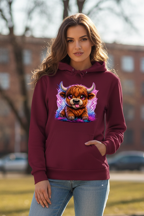 Damen Hoodie Verspielte Hochlandrinder mit leuchtenden Hörnern