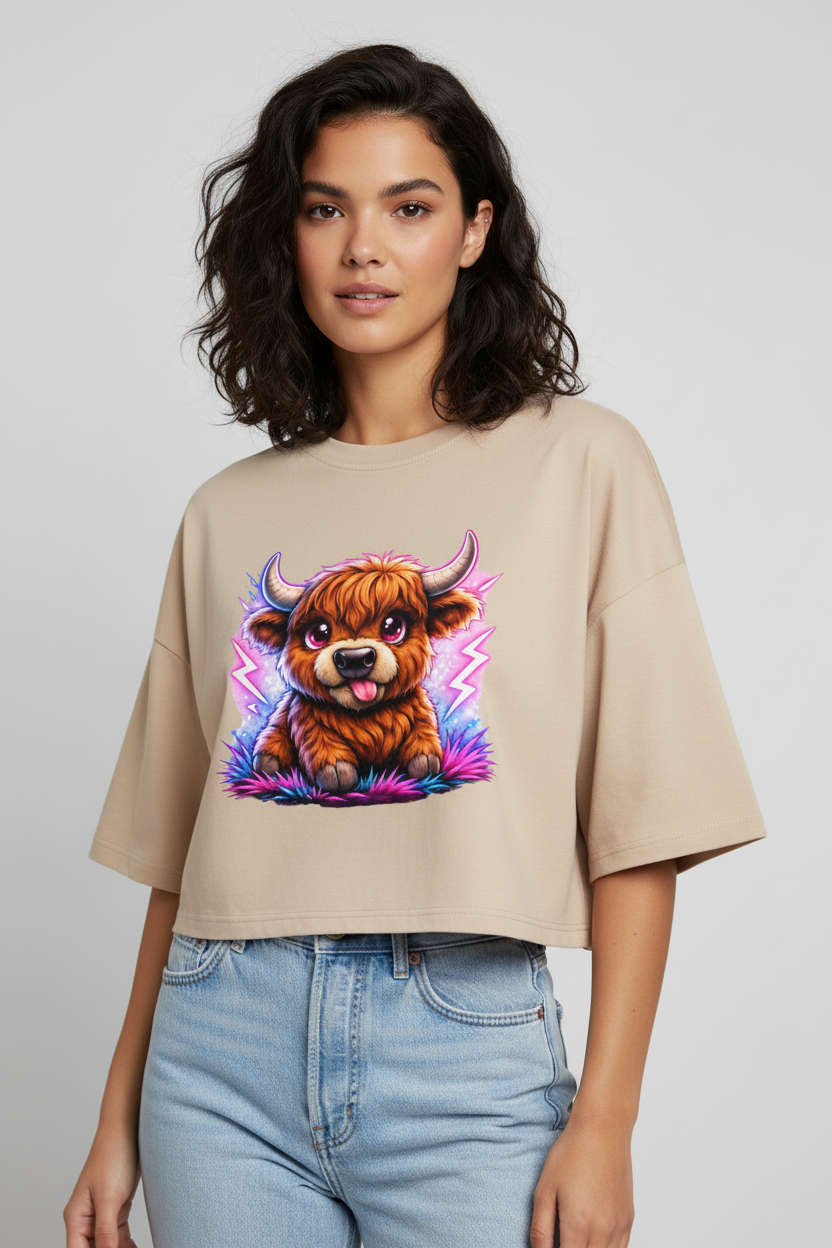 Damen Oversize Crop Top Verspielte Hochlandrinder mit leuchtenden Hörnern