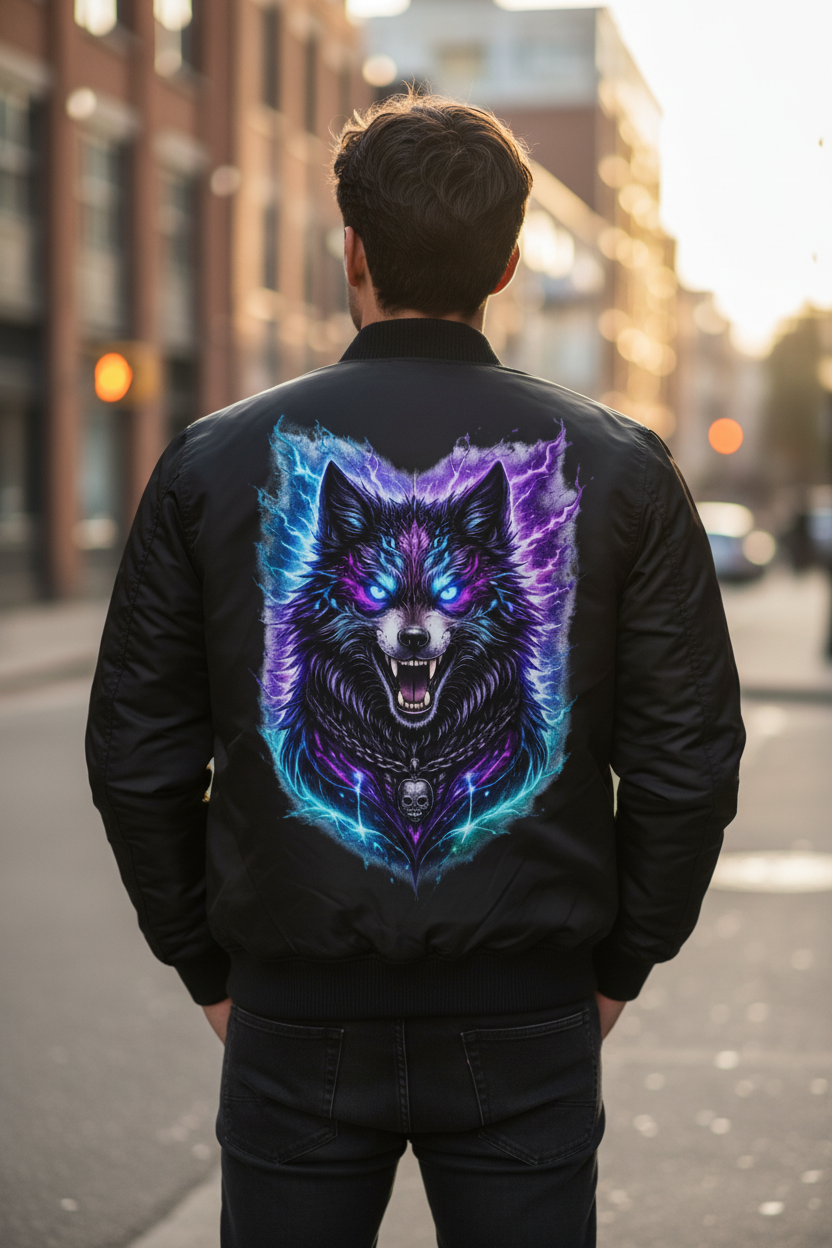 Bomber Jacke Dämonischer Wolf mit elektrischer Aura