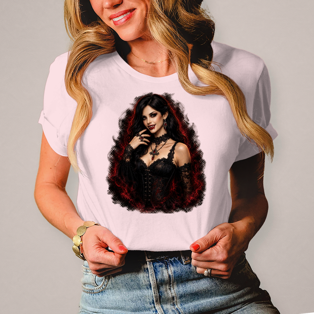 Damen T-Shirt Dunkle Gothic-Vampirin im rauchigen Nebel