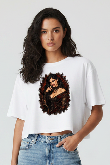 Damen Oversize Crop Top Gothic vampirische Verführung mit Rosen
