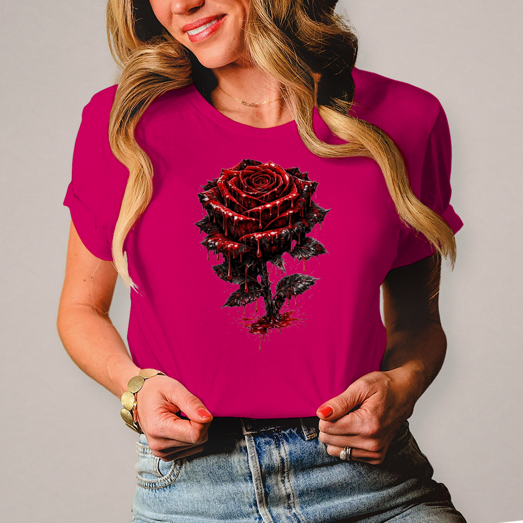 Damen T-Shirt Blutige Rose im Dunkeln