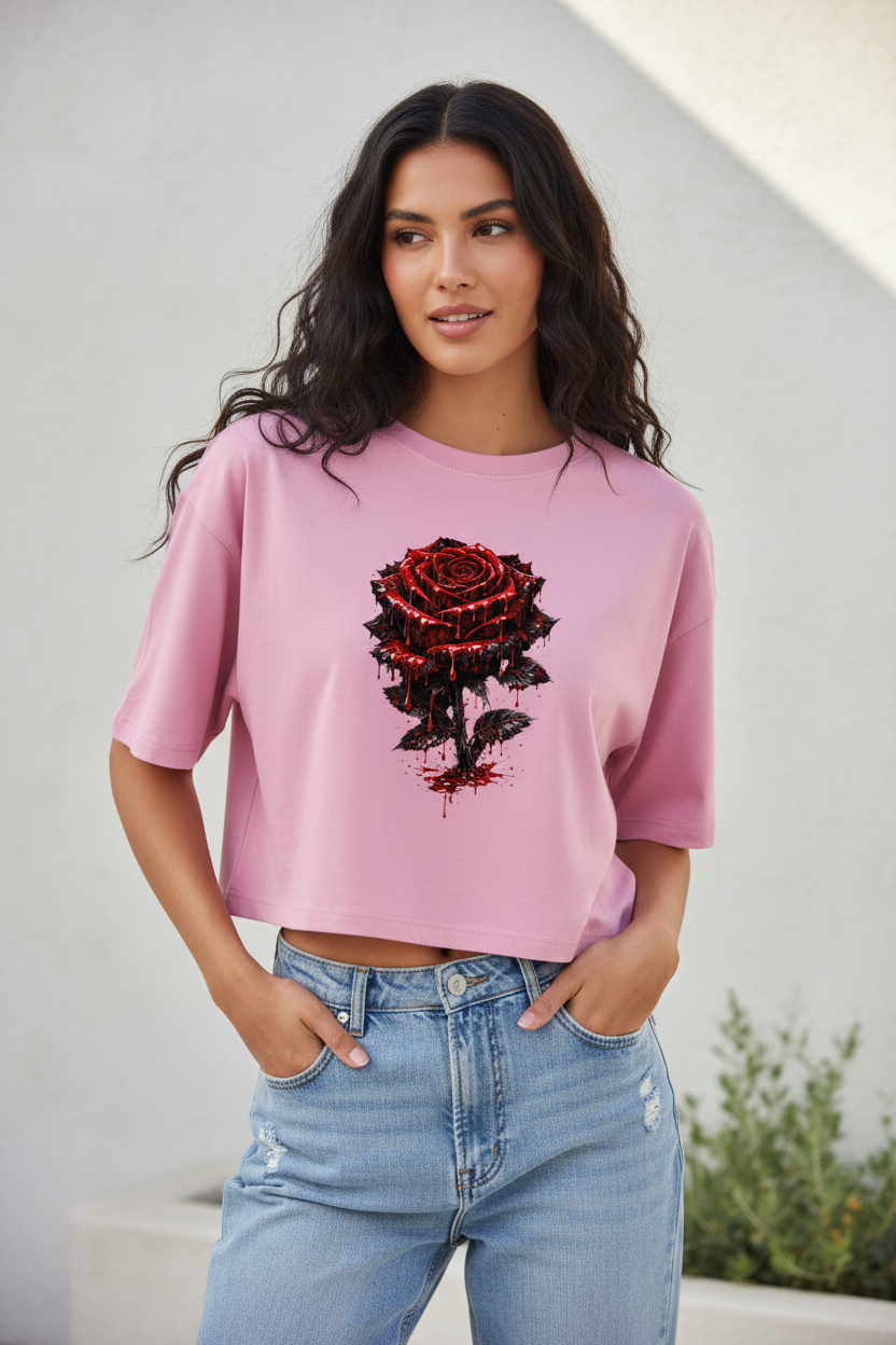 Damen Oversize Crop Top Blutige Rose im Dunkeln