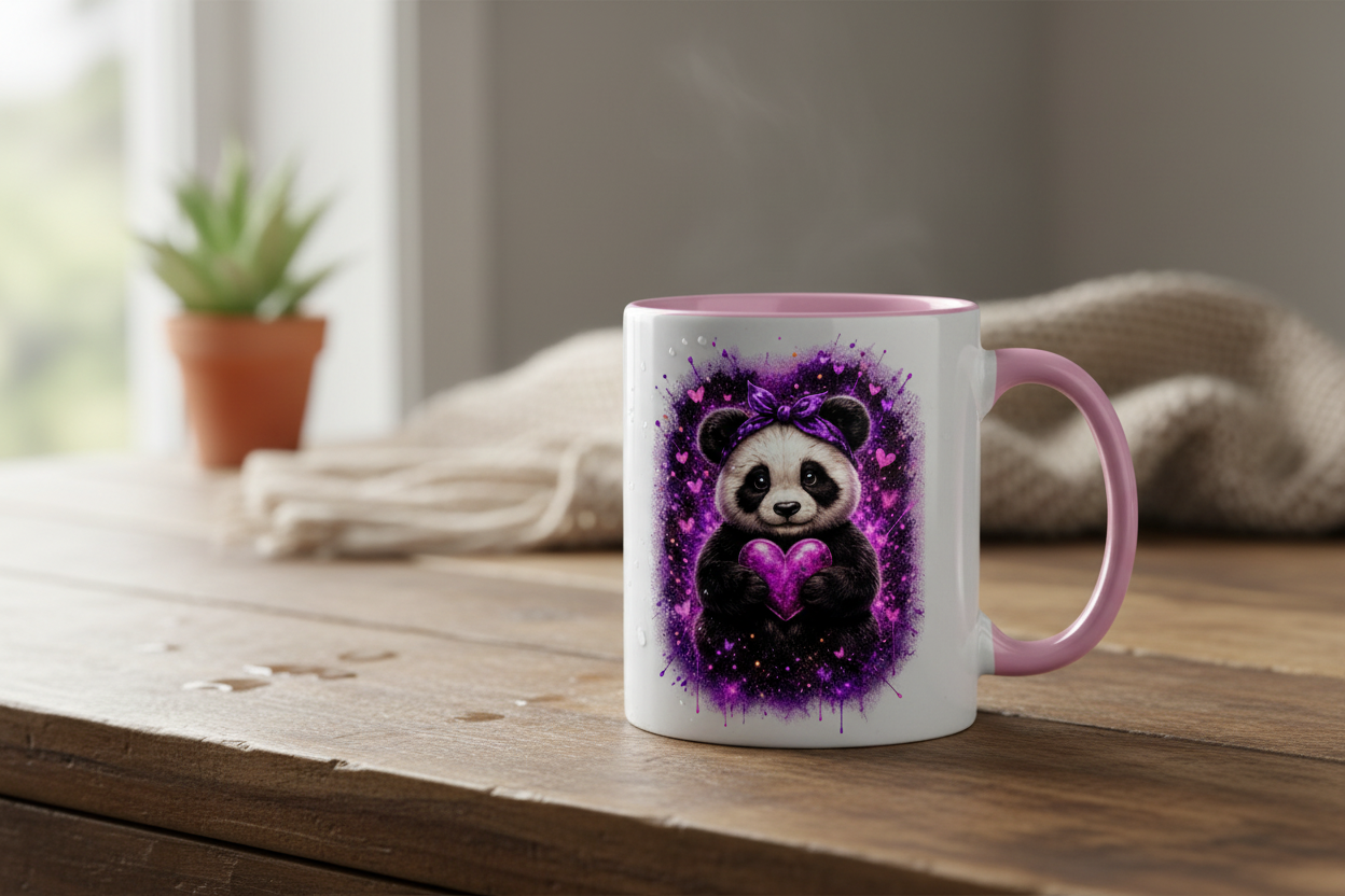 Tasse zweifarbig Kuscheliger Panda mit leuchtendem Herz