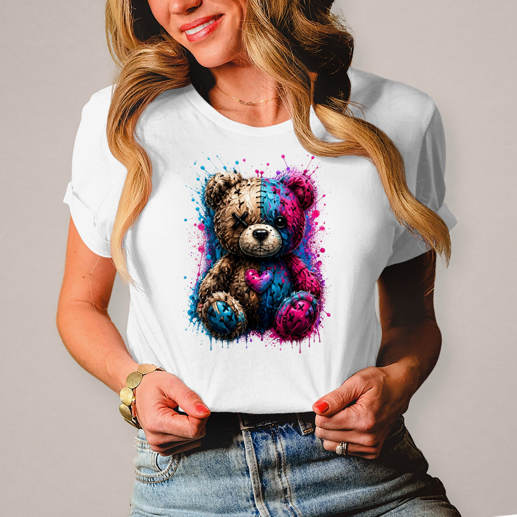 Damen T-Shirt Gekritzeltes Teddy mit Farbspritzern