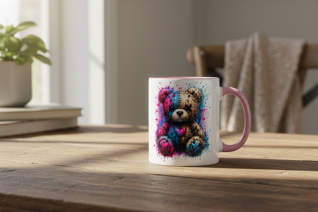 Tasse zweifarbig Gekritzeltes Teddy mit Farbspritzern