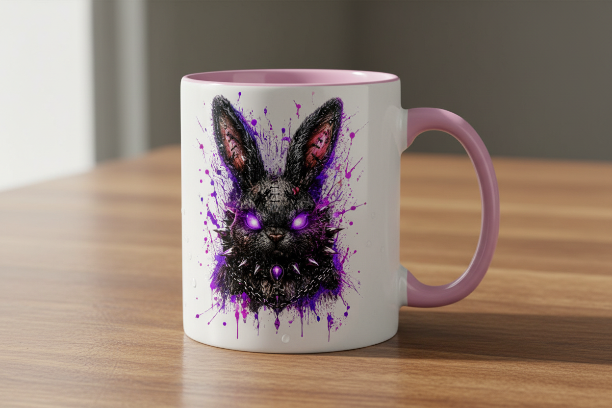 Tasse zweifarbig Dramatischer, punkiger Hasenkopf in Neon-Glanz