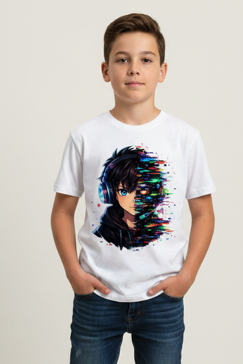 Kinder Basic T-Shirt Zukunftsvision glitch-gespaltene Anime-Porträtbury